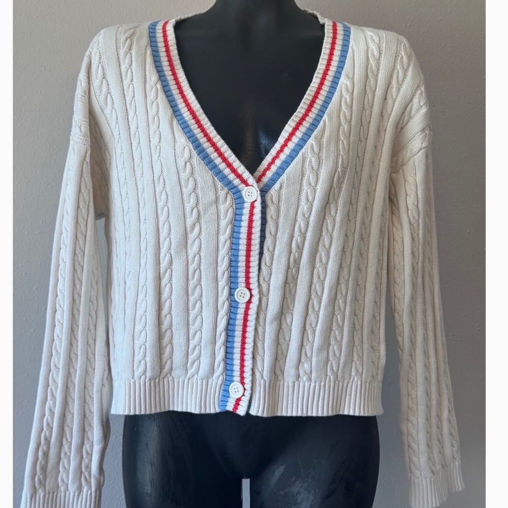 Prince Pickleball Women's XXL Cable Knit Cardigan Sweater Cream Red Blue Stripe